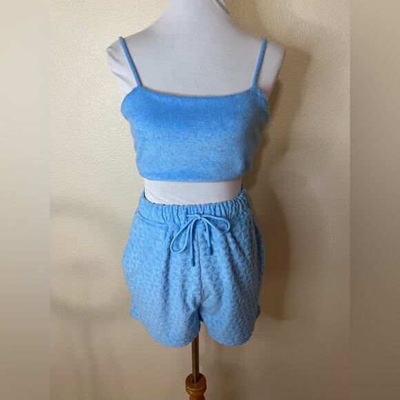 7 for All Mankind Blue Terry cloth crop top and high waisted shorts SET SMALL - Picture 1 of 7